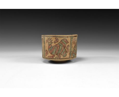 3rd-2nd millennium BC. A large terracotta cup with polychrome panels of geometric ornament with bird pecking ground and anoth