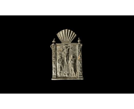 17th century AD. A rectangular bronze plaque with a crucifixion scene set between two decorated columns, a central figure of 