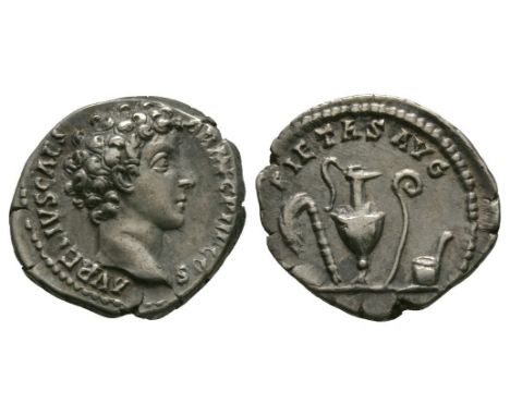 140-144 AD. Rome mint. Obv: AVRELIVS CAESAR AVF P II F COS legend with bare head right. Rev: PIETAS AVG legend with sacrifici