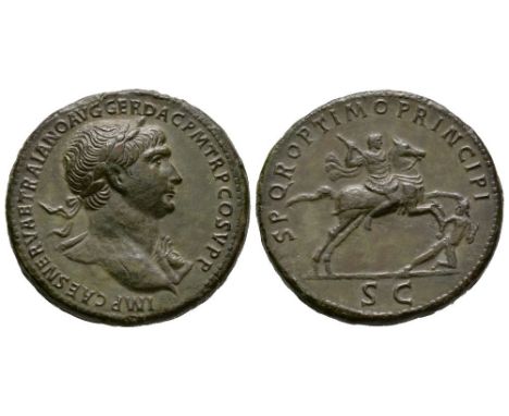 107 AD. Rome mint. Obv: IMP CAES NERVAE TRAIANO AVG GER DAC P M TR P COS V P P legend with laureate bust right. Rev: S P Q R 