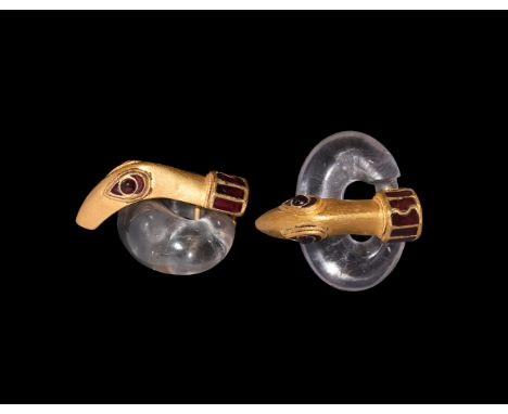 4th-5th century AD. A buckle set comprising: a carved rock crystal loop with waist to the rear; a hollow-formed gold tongue w