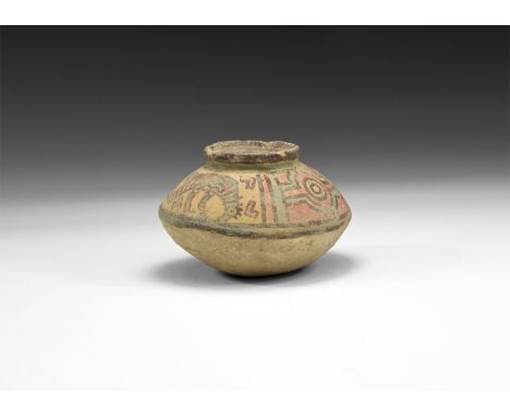 3rd-2nd millennium BC. A ceramic jar with polychrome panels of geometric ornament with bird pecking at ground.  105 grams, 79