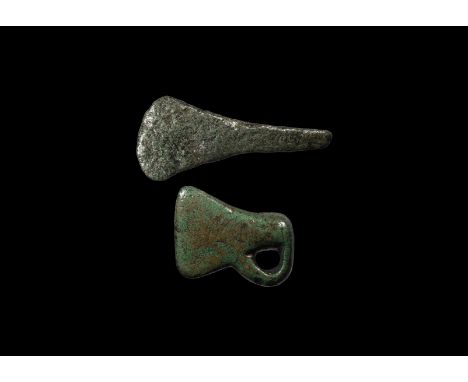 1st century BC-1st century AD. A pair of bronze votive palstaves, one flat and the other with recurved loop.  12 grams total,