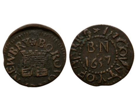Dated 1657 AD. Town token, Newbury. Obv: castle gate with four battlement projections and BOROVGH OF NEWBRY legend. Rev: init