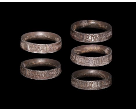 17th century AD. A D-section silver vervel or hawking ring with inscription to the outer face 'John Hanmer Esq of Wittinghã[m