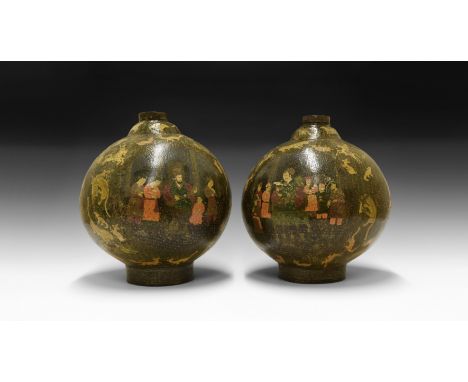Late 19th-early 20th century AD. A pair of papier mache lamp bases with orb shaped body decorated over the entire surface wit