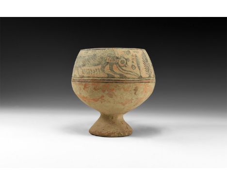 3rd-2nd millennium BC. A ceramic stemmed cup with flared foot, bulbous body, painted border frieze of beasts among fronds and