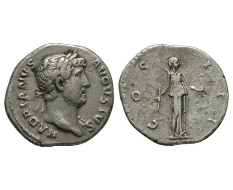 125-128 AD. Rome mint. Obv: HADRIANVS AVGVSTVS legend with laureate head right, slight drapery on left shoulder. Rev: COS III