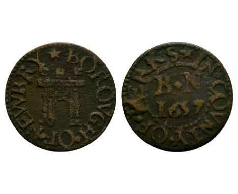 Dated 1657 AD. Borough token, Newbury. Obv: castle gate with BOROVGH OF NEWBVRY legend. Rev: initials B N over date with IN C