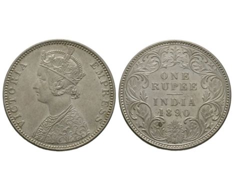 Dated 1890 AD. Bombay mint. Obv: profile bust with VICTORIA EMPRESS legend. Rev: with ONE / RUPEE / INDIA in three lines with