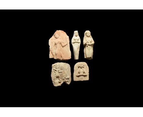 19th-7th century BC. A group of five ceramic plaque fragments comprising of: tongue-shaped with a high-relief of a standing f