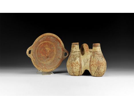 3rd century AD. A mixed ceramic group comprising: a low dish with loop handles; and a later possibly Pre-Columbian vessel for
