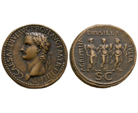 19th century AD or earlier. Obv: C CAESAR DIVI AVG PRON AVG P M TR P II legend with laureate head left. Rev: AGRIPPINA DRVSIL