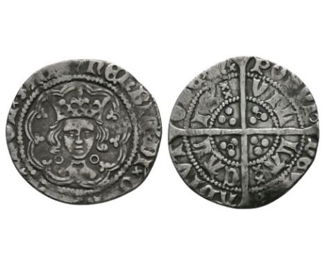 1422-1430 AD. Obv: facing bust with annulets at neck with HENRIC DI GRA REX AGL Z F legend. Rev: long cross and pellets with 