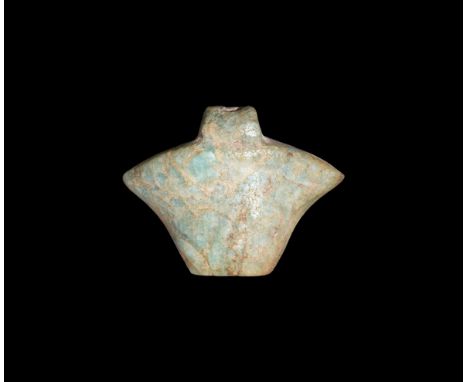 Saite Period, 624-525 BC. A green glazed composition plano-convex flared head of a papyrus stalk or sceptre with loop above. 
