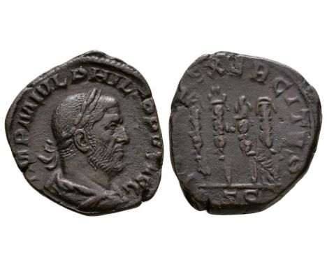 244-249 AD. Rome mint. Obv: IMP M IVL PHILIPPVS AVG legend with laureate, draped bust right. Rev: FIDES EXERCITVS legend with