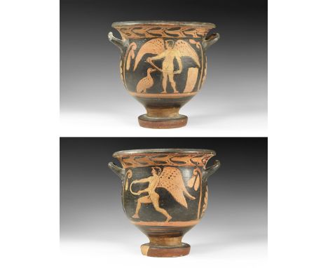 5th-4th century BC or later. A ceramic krater with pedestal base, bell-shaped body, two strap lateral handles; painted band o