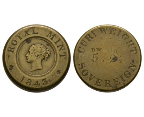 Dated 1843 AD. A Standards Department official issue circular coin weight for an English gold sovereign. Obv: profile bust wi