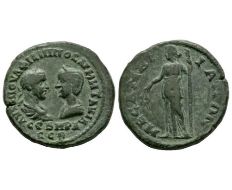 244-249 AD. Mesembria. Obv: AVT M IOYL FILIPPOC M WTAKIL CEYHRA CEB legend with confronted draped busts. Rev: MECAMBRIANWN le