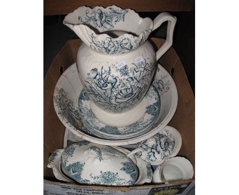 Box containing early 20th Century Art Nouveau design floral items including: jug and basin set; plates; tureen etc.(B.P. 24% 
