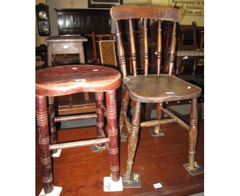 Early 20th Century stained spindle back farmhouse kitchen chair together with a stained stool with moulded seat. (2)(B.P. 24%