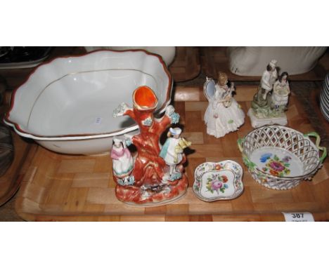 Tray of assorted china to include: Staffordshire figural group flat back spill vase; Continental figurines; Dresden floral ba