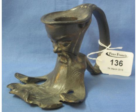 Unusual pewter chamber stick with loop handle, the sconce formed as an old man with flowing beard, probably German.(B.P. 24% 