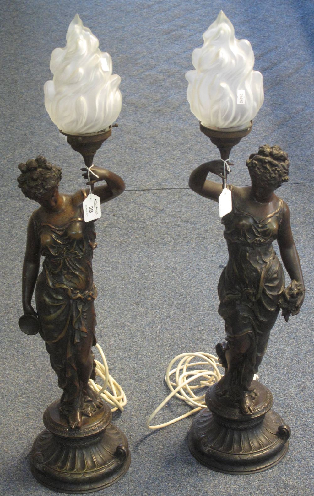Pair of bronzed spelter figural table lamps, styled as Grecian maidens