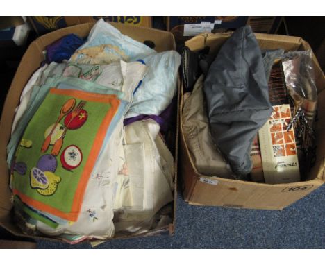 Box of assorted fabrics; lace; tableware etc. together with a box gloves; glove wash set; Burberry type scarf etc. (2) (B.P. 