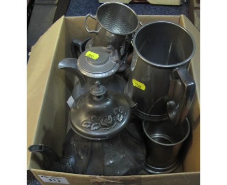 Small box of assorted pewter, mainly tankards, hip flask, teaware etc.(B.P. 24% incl. VAT)