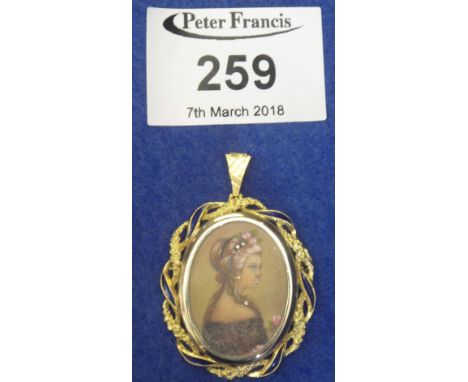 18ct gold and enamel oval portrait pendant of a young female with flowers, 8.2g approx.(B.P. 24% incl. VAT)   CONDITION REPOR