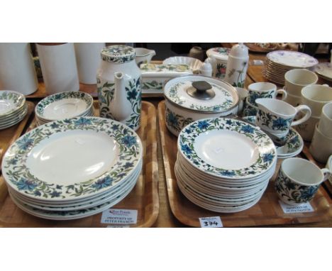 Two trays of 'Mid Winter' fine tableware floral items, various, to include: plates; cups and saucers; enamel pan; bowls etc. 