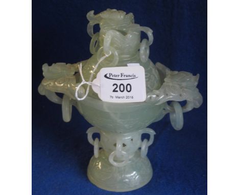 Chinese carved hardstone pedestal Koro and cover, possibly jade.(B.P. 24% incl. VAT)