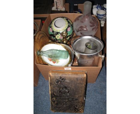 Box of assorted items to include: Victorian leather bound portrait album (empty); vintage glass bottle, Buckley's Brewery; tw