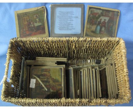 Collection of coloured magic lantern slides, various, including: street scenes and figures in interiors from the 19th Century