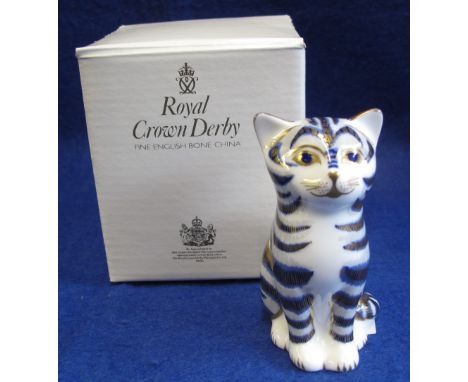 Royal Crown Derby bone china paperweight, seated cat with gold button stopper and box.(B.P. 24% incl. VAT)