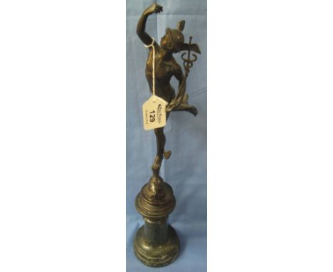 Bronzed metal figure of the winged Mercury, standing on a tall marble pedestal.  42cm high approx.(B.P. 24% incl. VAT)    CON