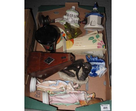 Tray of assorted china to include: 'Old Tipton' ware tube lined trumpet vase; Wade Heath Art Deco jug; Continental figurines;