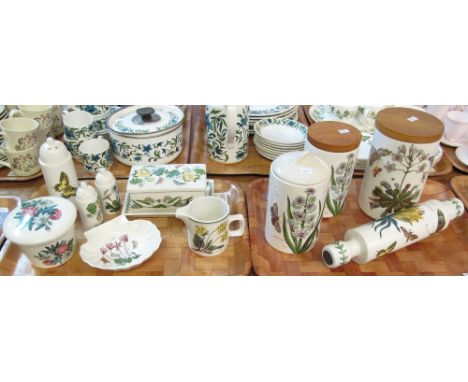 Two trays of Portmeirion pottery 'The Botanic Garden' and other items to include: lidded canisters; rolling pin; butter dish 