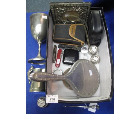 Box of assorted collectables to include: silver vanity mirror; plated goblet, 'St. Clears Quins'; photograph frame; dressing 