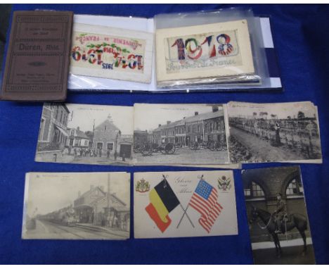 Collection of assorted postcards to include: First World War period silk souvenir de France, topographical, birthday wishes, 