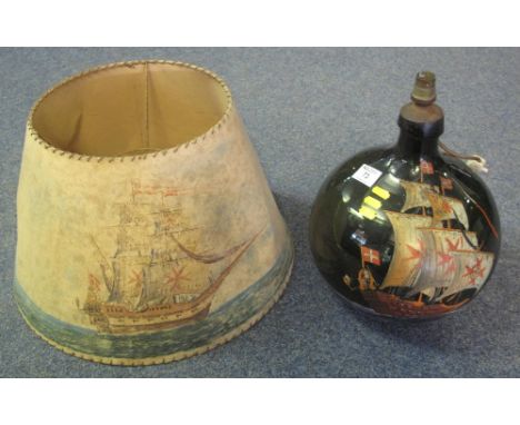 Glass table lamp base of baluster form with painted galleon decoration.(B.P. 24% incl. VAT)