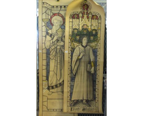 Two watercolour studies of stained glass panels, portrait of Dante and another, painted in watercolours on canvas backed pape