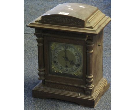 Early 20th Century oak three train architectural mantel clock with brass face and Arabic chapter ring.  39cm high.(B.P. 24% i