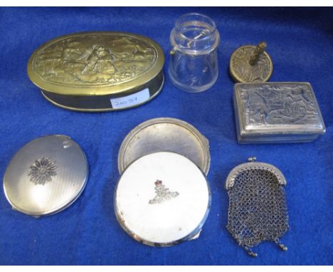 Bag of assorted collectables to include: silver powder compact; silver and enamel Royal Artillery compact; dressing table jar