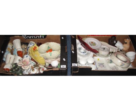 Two trays of assorted china to include: Wedgwood 'Clementine' coffee cans and saucers; Poole Pottery snack tray; pottery seal