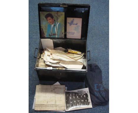 Vintage black enamelled small two handled chest containing a large collection of ephemera, including an early 19th Century ha
