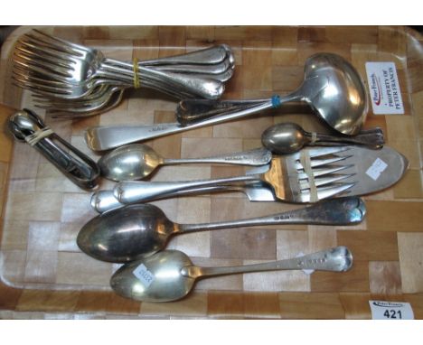 Tray of assorted loose plated cutlery, together with a silver hallmarked spoon.(B.P. 24% incl. VAT)