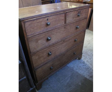 19th Century mahogany straight fronted chest of two short and three long drawers with brass turned handles, standing on brack