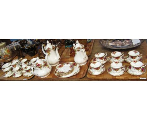 Three trays of Royal Albert bone china 'Old Country Roses' teaware, various, to include: teapots; cups and saucers; milk jug;